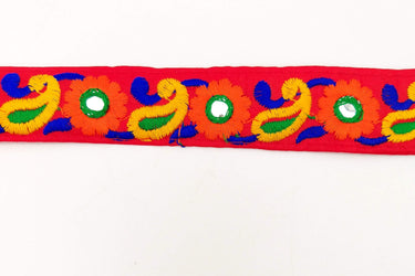 Red Floral Mirrored Trim With Orange Flowers And Yellow Paisley Embroidery, Decorative Trimming, Trim By 3 Yards